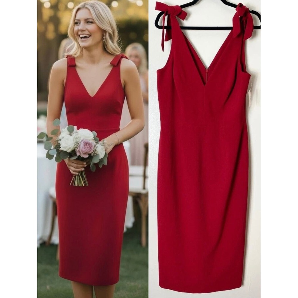 Dress The Population Dress Large Red Lita Bow Shoulder Wedding Guest Cocktail